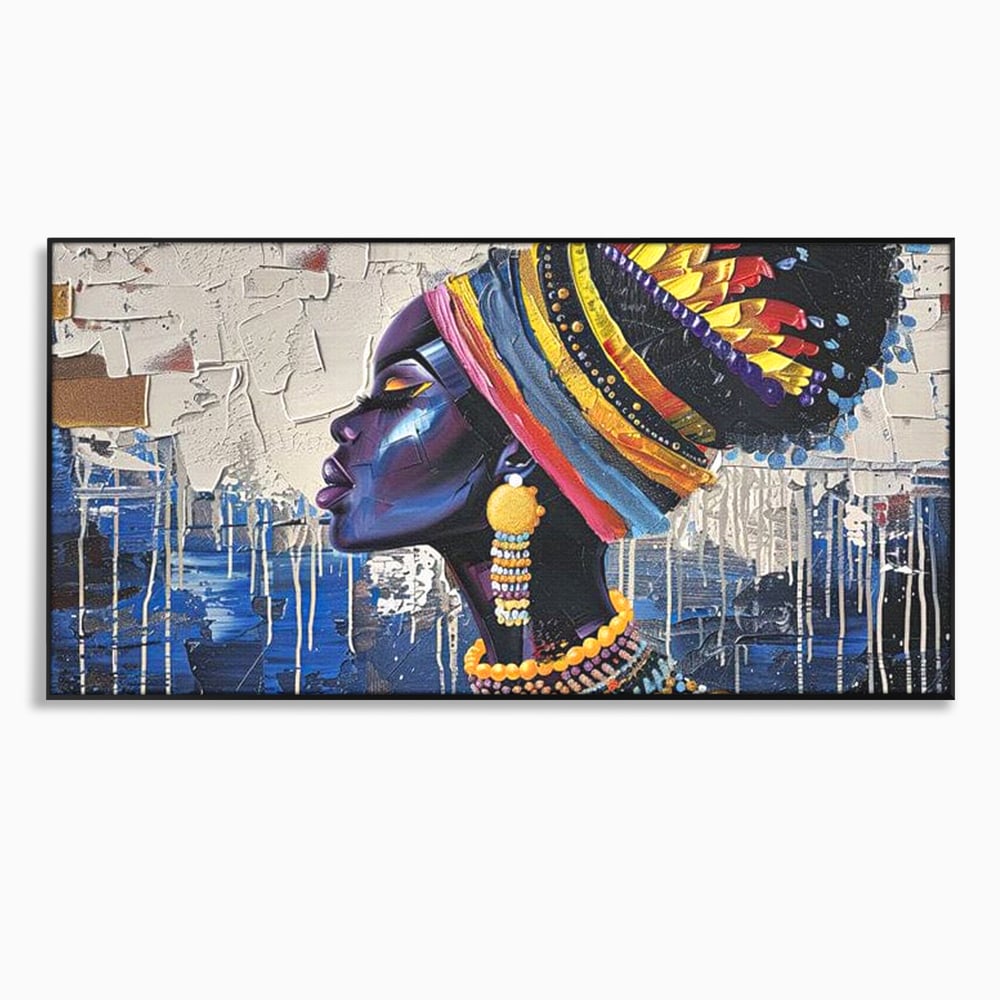 Tablou canvas cu tablou canvas cu regina africana in profil, in rama de aluminiu negru