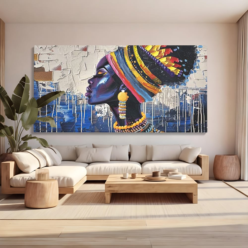 Tablou canvas cu tablou canvas cu regina africana in profil, fara rama, pe sasiu de lemn, pe perete intr-un living
