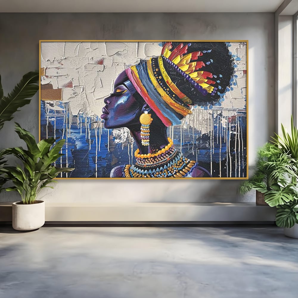 Tablou canvas cu tablou canvas cu regina africana in profil, in rama de aluminiu auriu