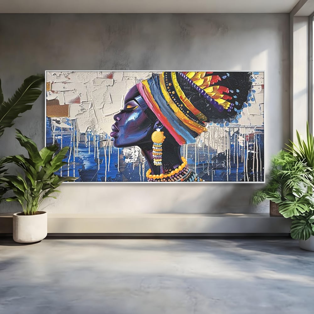 Tablou canvas cu tablou canvas cu regina africana in profil, in rama de aluminiu argintiu