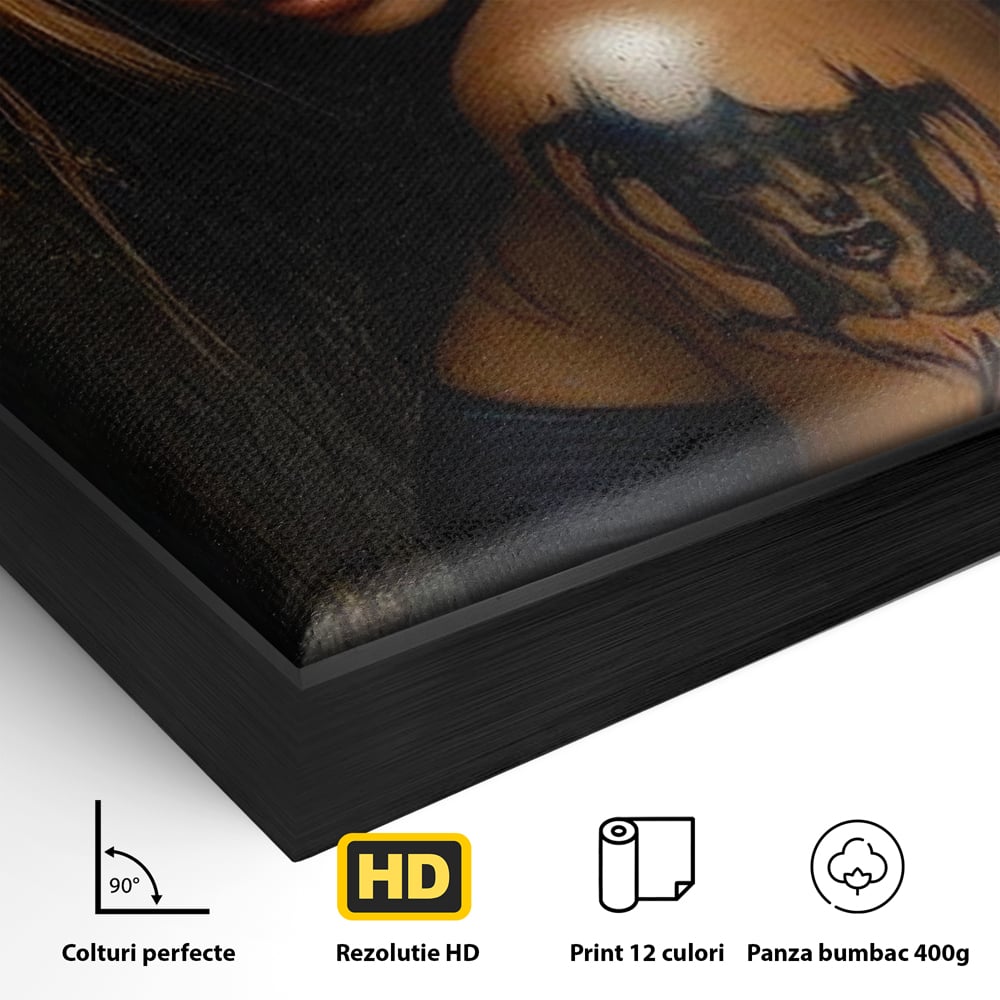 Detaliu al suprafetei: tablou canvas cu portret de femeie demon, in rama de aluminiu negru