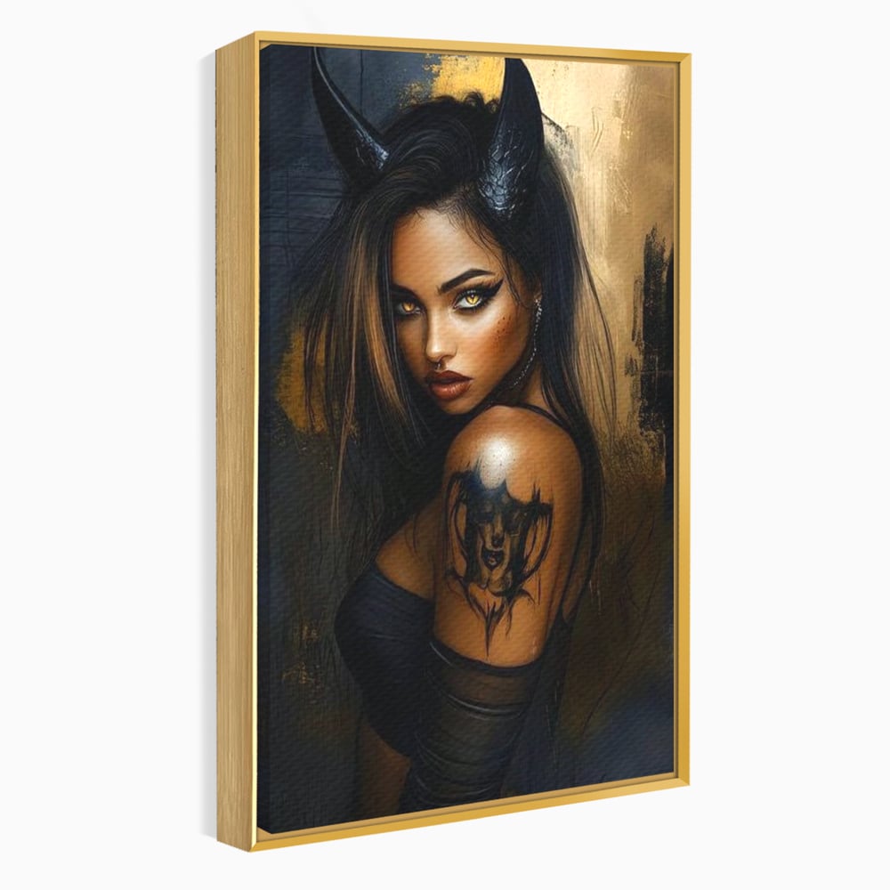 Tablou canvas cu tablou canvas cu portret de femeie demon, in rama de aluminiu auriu