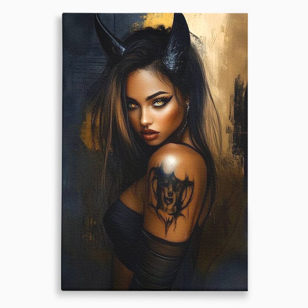 Tablou canvas cu tablou canvas cu portret de femeie demon, fara rama, pe sasiu de lemn