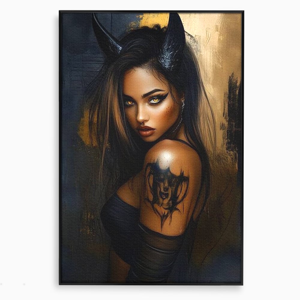 Tablou canvas cu tablou canvas cu portret de femeie demon, in rama de aluminiu negru