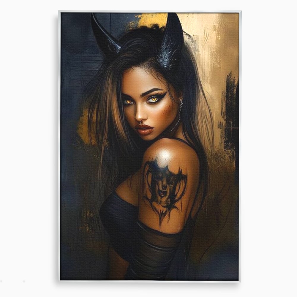 Tablou canvas cu tablou canvas cu portret de femeie demon, in rama de aluminiu argintiu