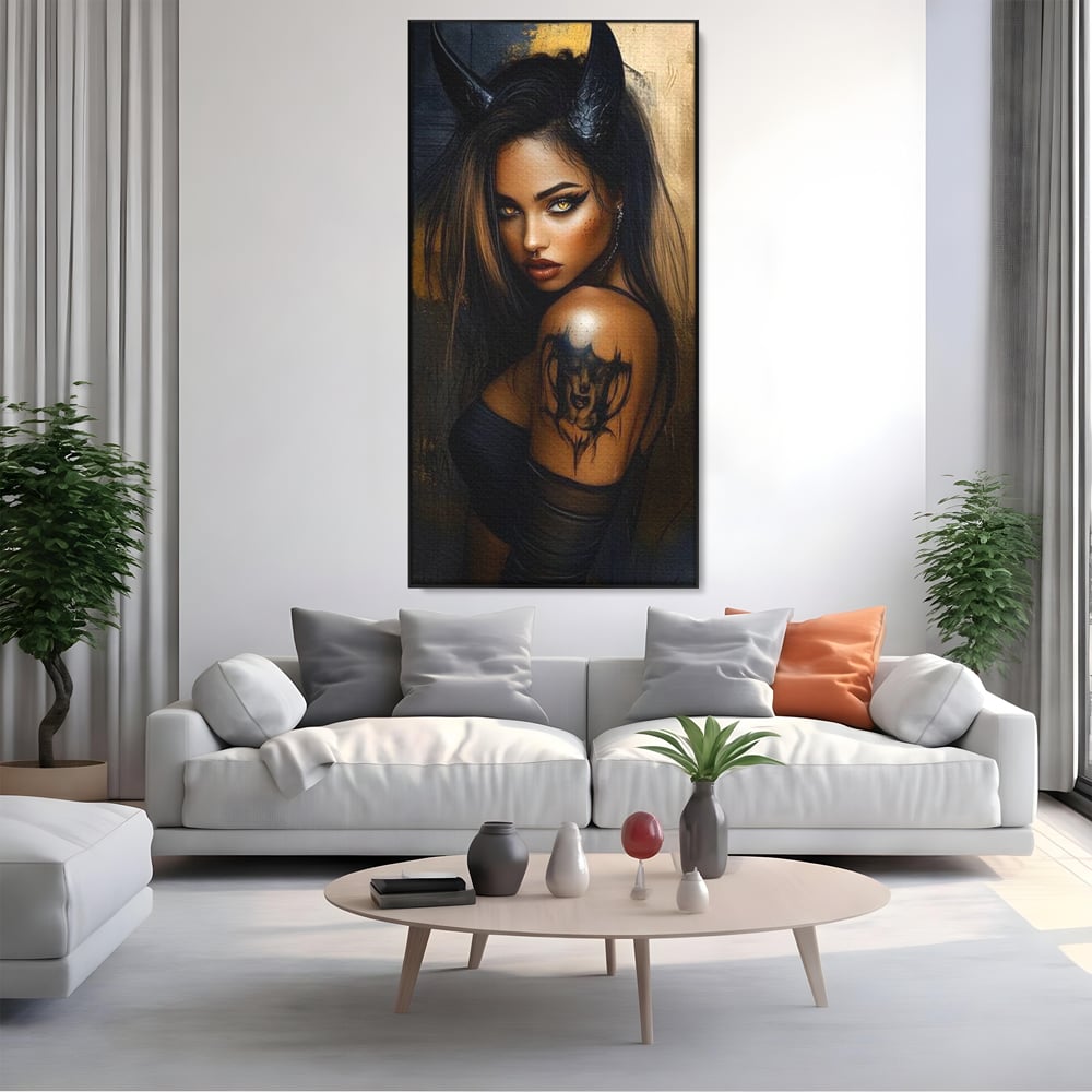 Tablou canvas cu tablou canvas cu portret de femeie demon, in rama de aluminiu negru, pe perete intr-un living