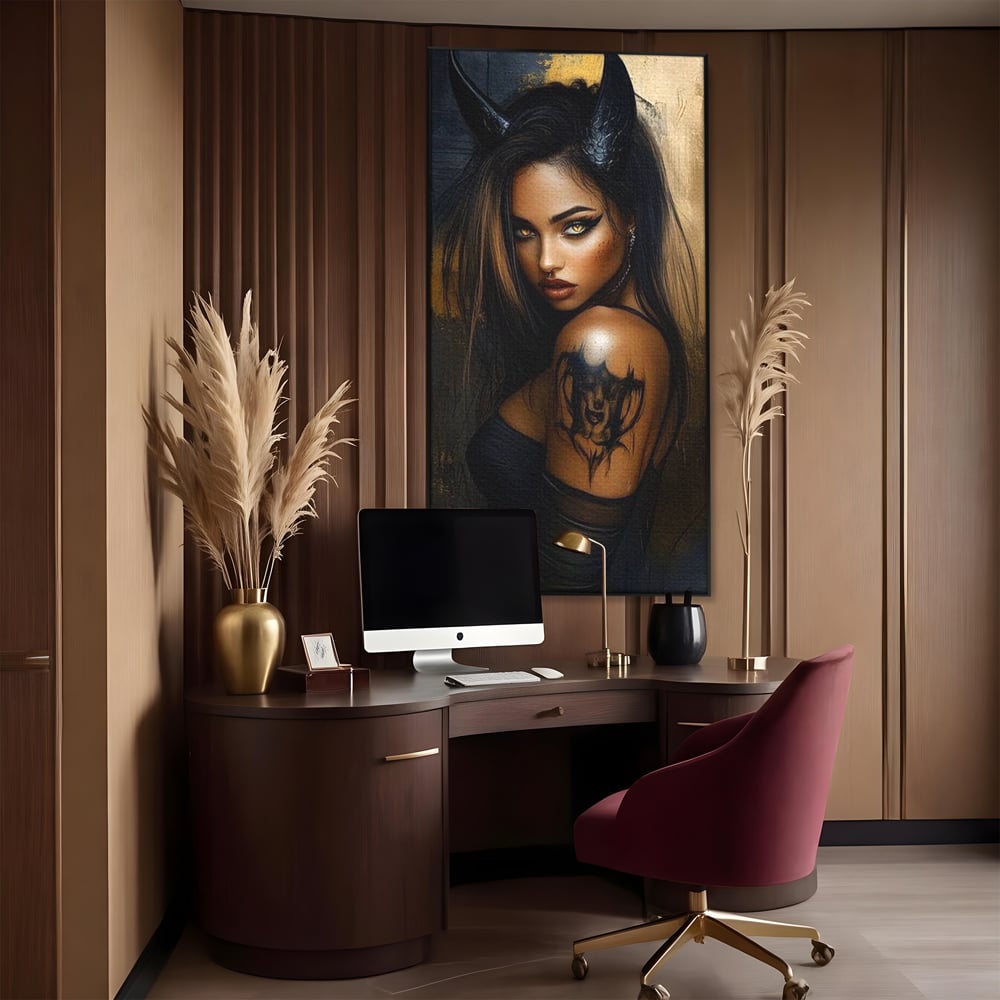 Tablou canvas cu tablou canvas cu portret de femeie demon, in rama de aluminiu negru, pe perete intr-un birou