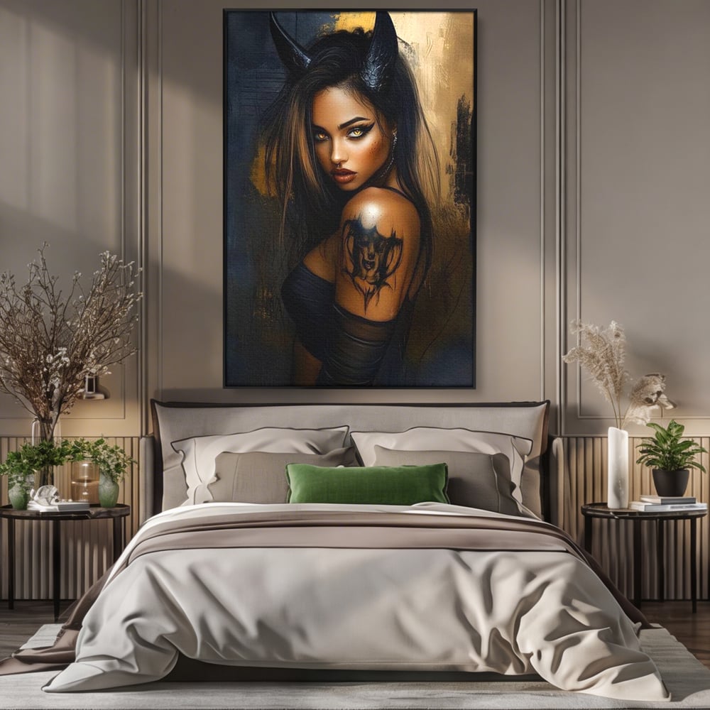 Tablou canvas cu tablou canvas cu portret de femeie demon, in rama de aluminiu negru, pe perete intr-un dormitor