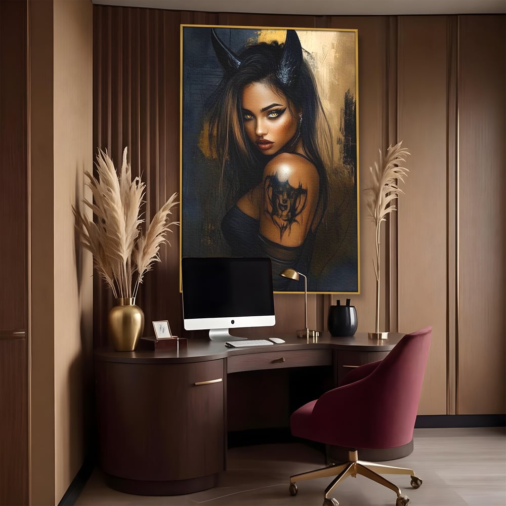 Tablou canvas cu tablou canvas cu portret de femeie demon, in rama de aluminiu auriu, pe perete intr-un birou