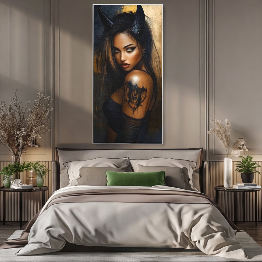 Tablou canvas cu tablou canvas cu portret de femeie demon, in rama de aluminiu argintiu, pe perete intr-un dormitor