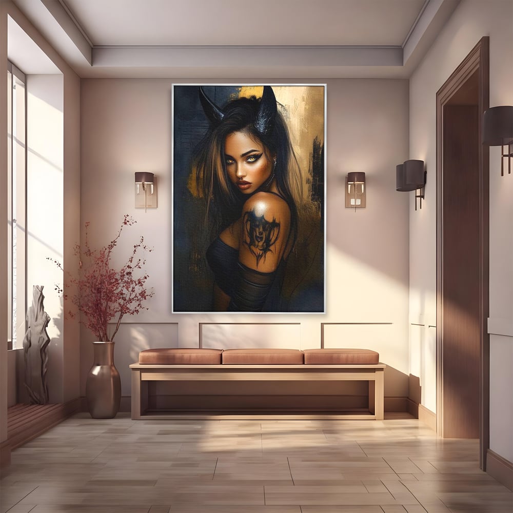 Tablou canvas cu tablou canvas cu portret de femeie demon, in rama de aluminiu argintiu
