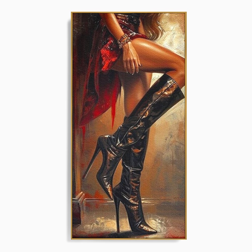 Tablou canvas cu pictura cu picioare feminine in cizme, in rama de aluminiu auriu