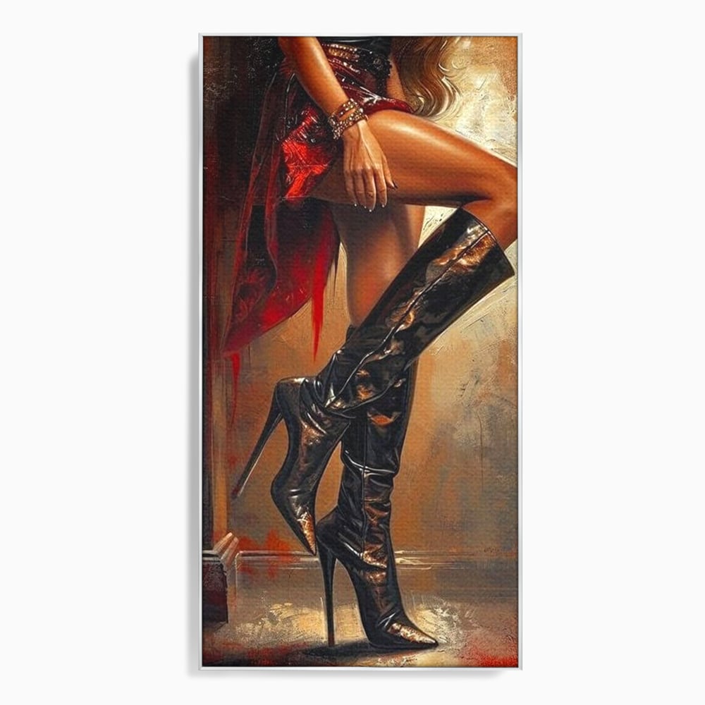 Tablou canvas cu pictura cu picioare feminine in cizme, in rama de aluminiu argintiu