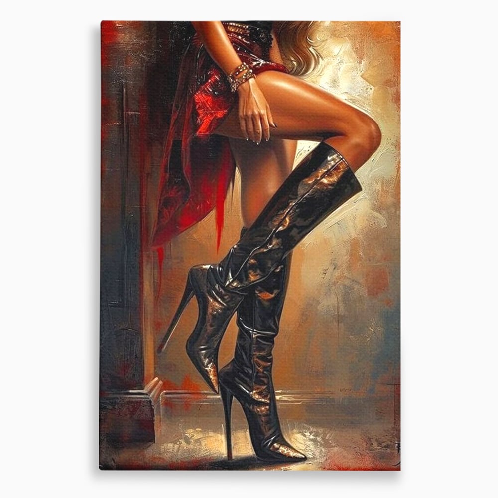 Tablou canvas cu pictura cu picioare feminine in cizme, fara rama, pe sasiu de lemn