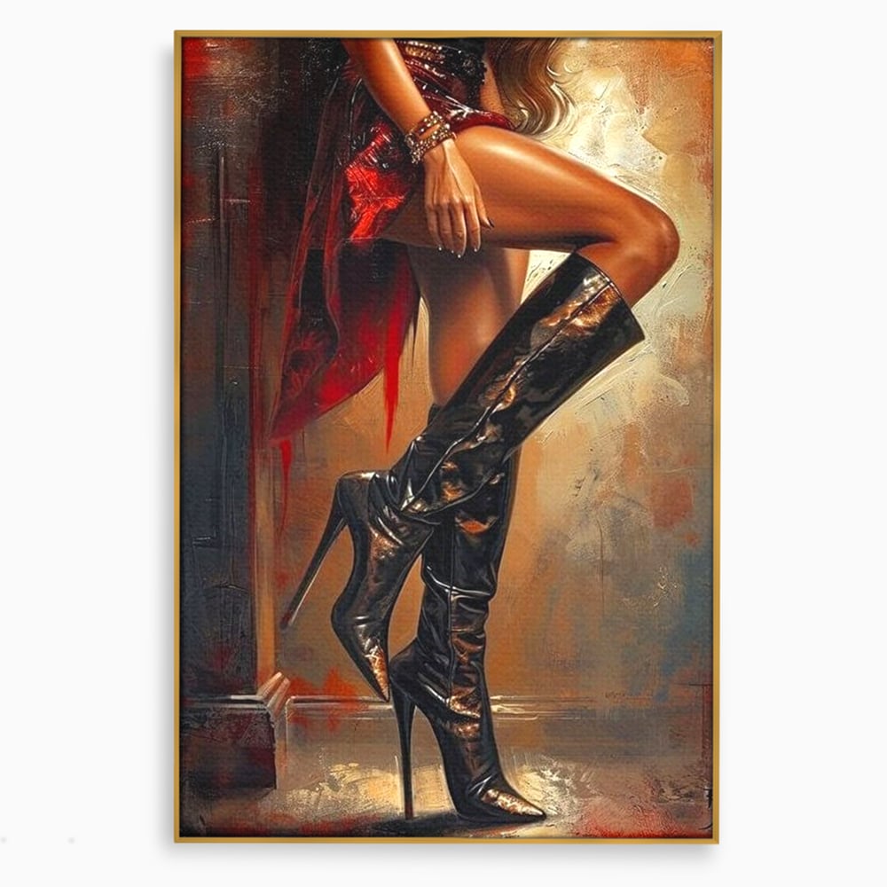 Tablou canvas cu pictura cu picioare feminine in cizme, in rama de aluminiu auriu