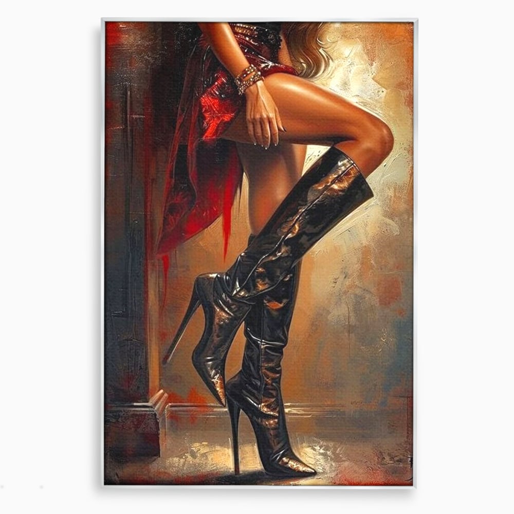 Tablou canvas cu pictura cu picioare feminine in cizme, in rama de aluminiu argintiu