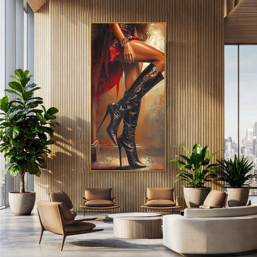 Tablou canvas cu pictura cu picioare feminine in cizme, in rama de aluminiu auriu, pe perete intr-un birou