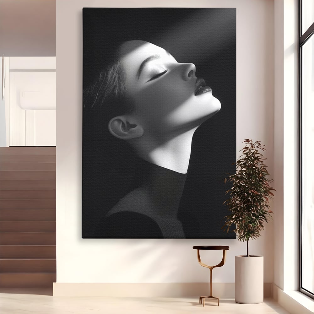 Tablou canvas cu tablou canvas portret alb-negru femeie, fara rama, pe sasiu de lemn