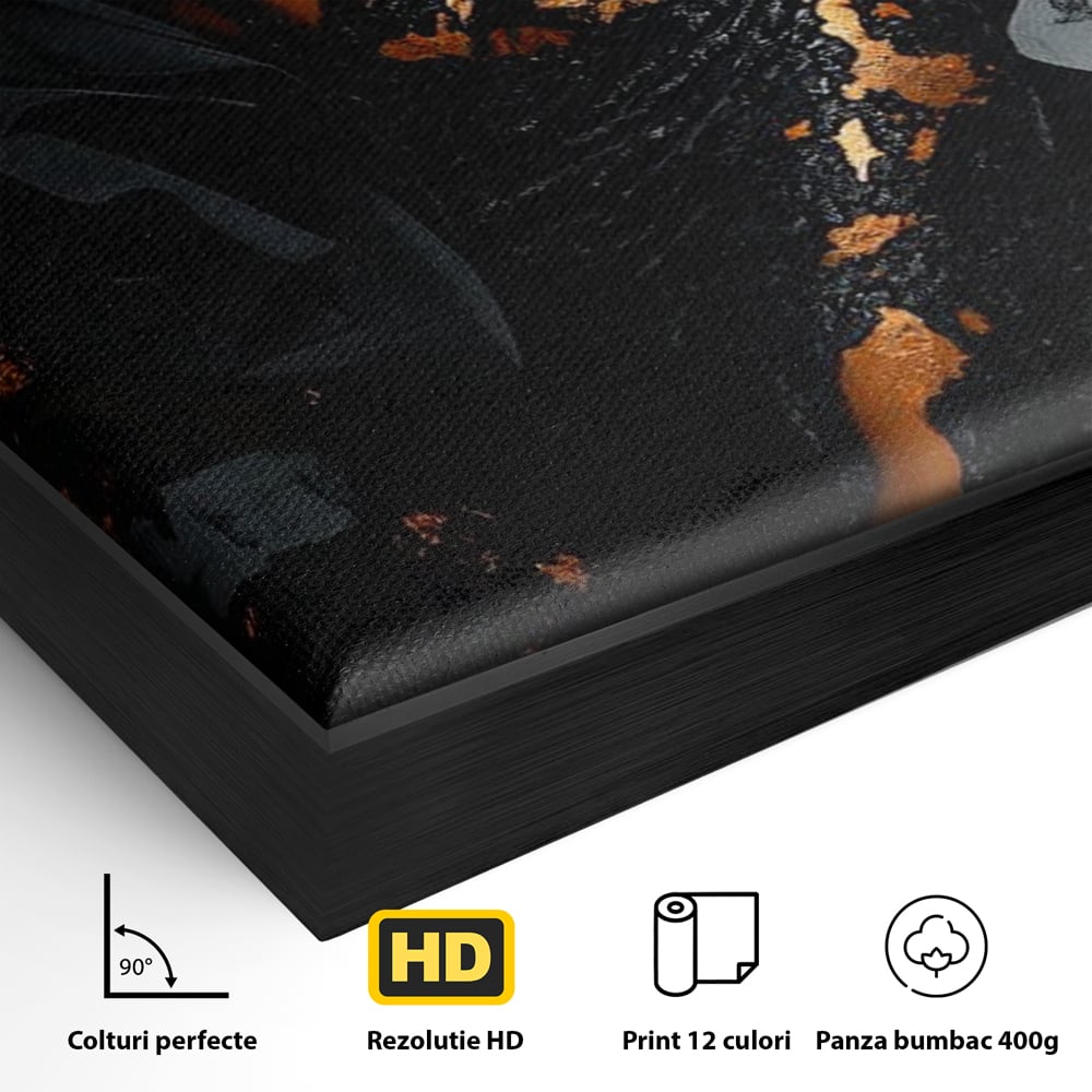 Detaliu al suprafetei: tablou canvas cu portret de femeie, in rama de aluminiu negru