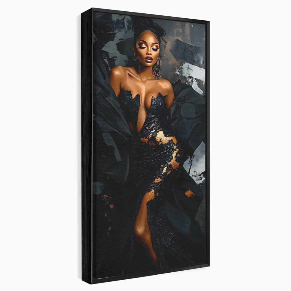 Tablou canvas cu tablou canvas cu portret de femeie, in rama de aluminiu negru