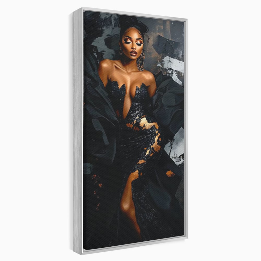Tablou canvas cu tablou canvas cu portret de femeie, in rama de aluminiu argintiu