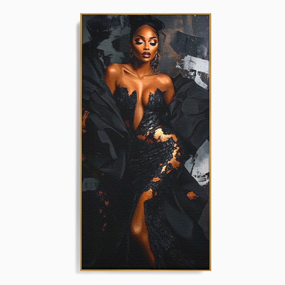 Tablou canvas cu tablou canvas cu portret de femeie, in rama de aluminiu auriu