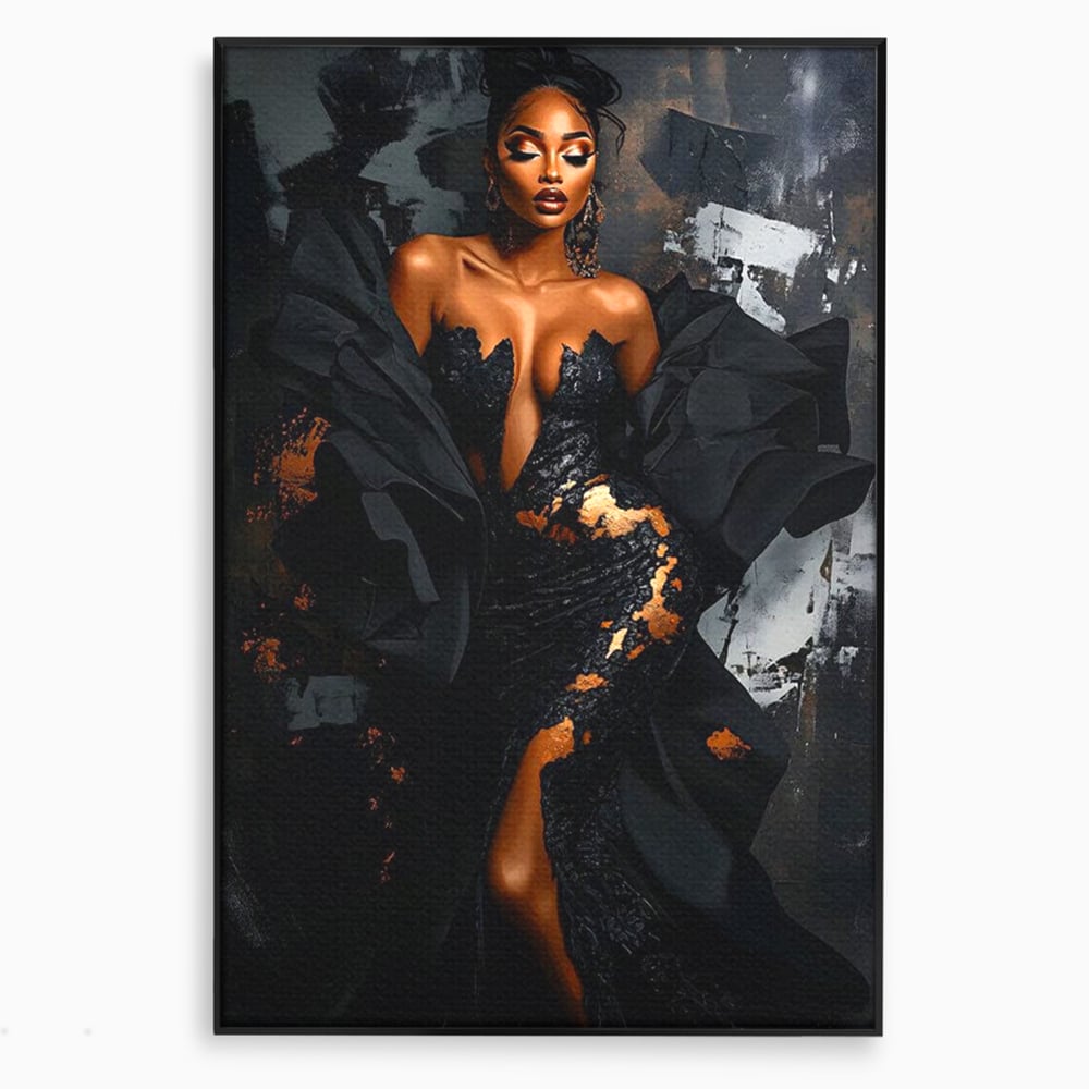 Tablou canvas cu tablou canvas cu portret de femeie, in rama de aluminiu negru