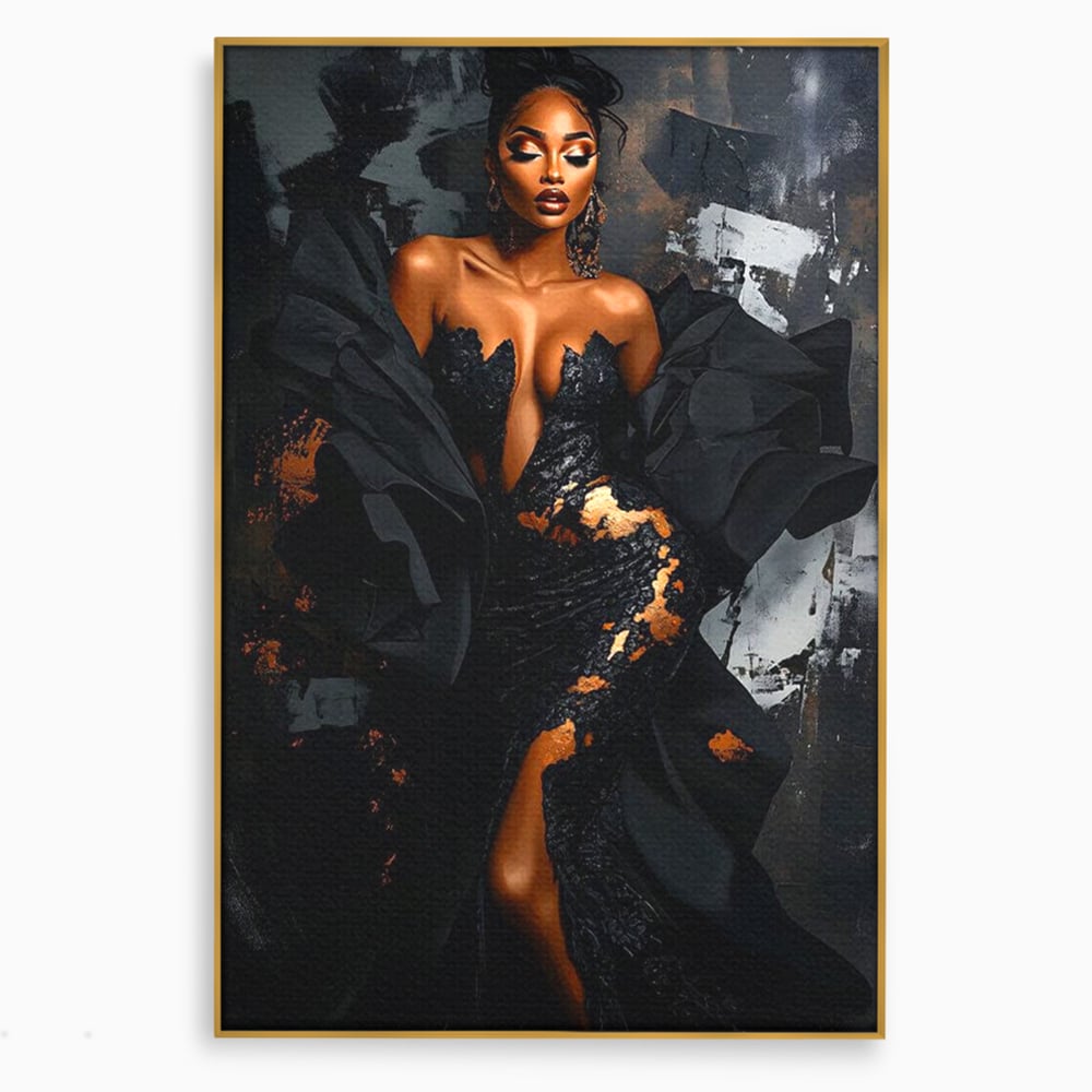 Tablou canvas cu tablou canvas cu portret de femeie, in rama de aluminiu auriu