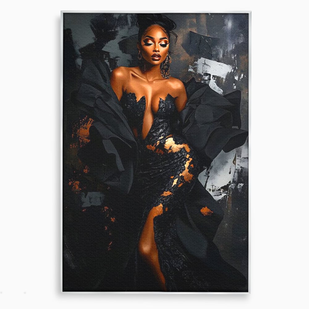 Tablou canvas cu tablou canvas cu portret de femeie, in rama de aluminiu argintiu