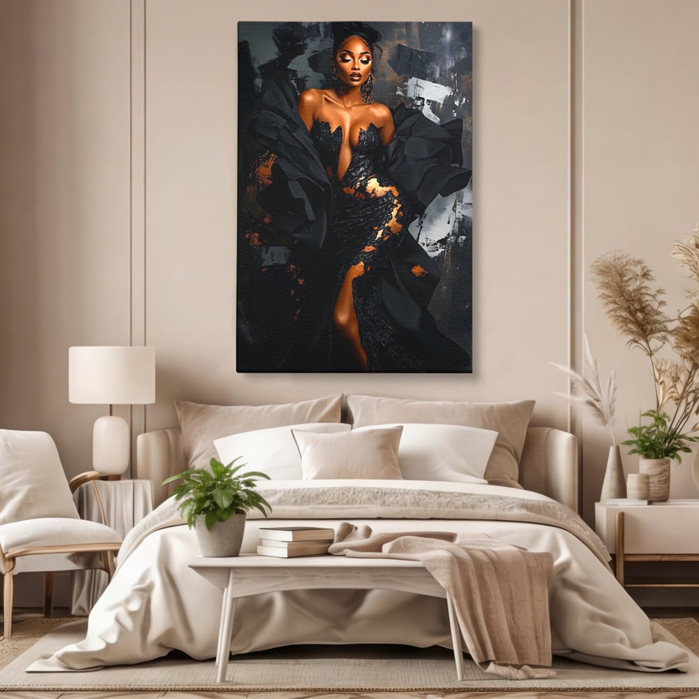 Tablou canvas cu tablou canvas cu portret de femeie, fara rama, pe sasiu de lemn, pe perete intr-un dormitor