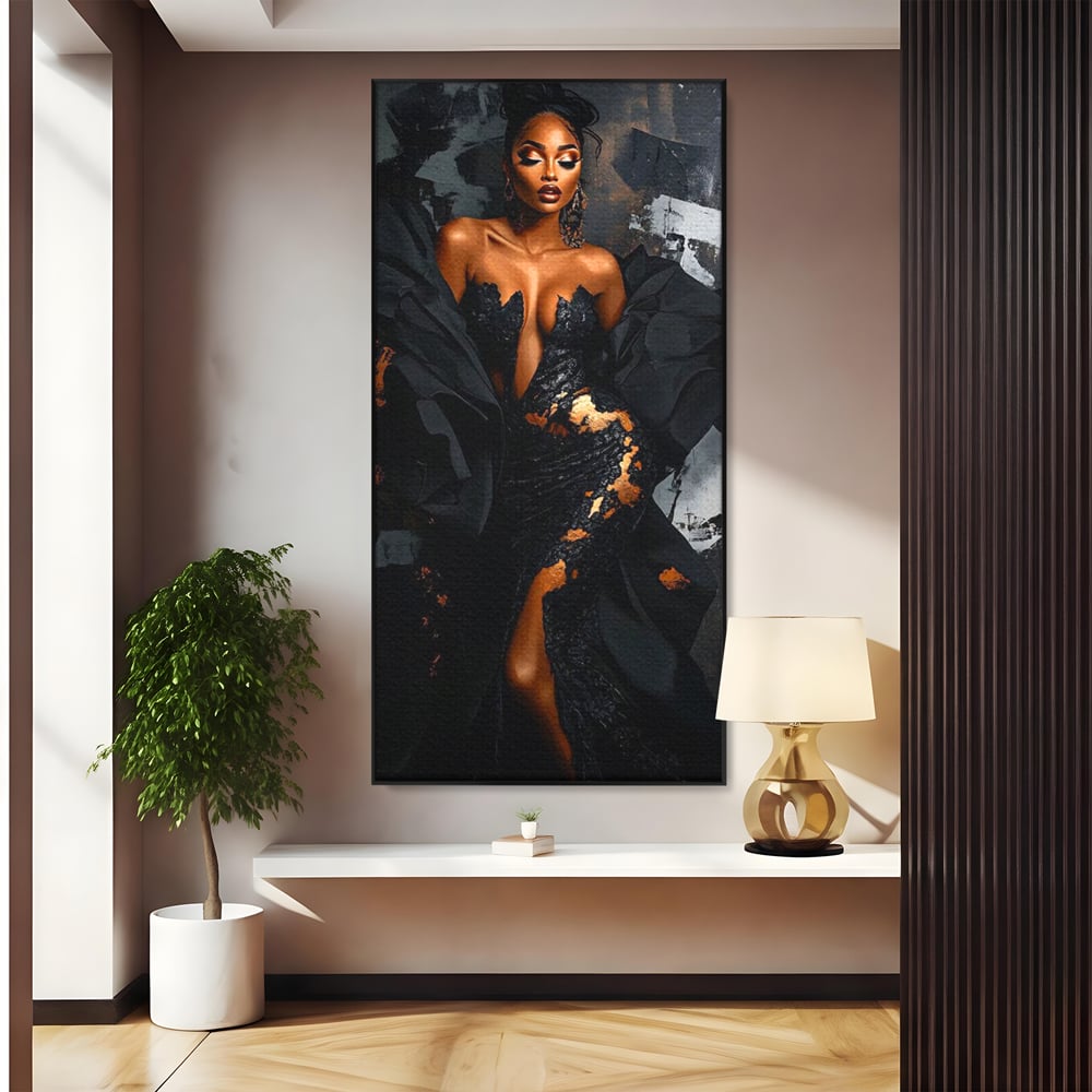 Tablou canvas cu tablou canvas cu portret de femeie, in rama de aluminiu negru