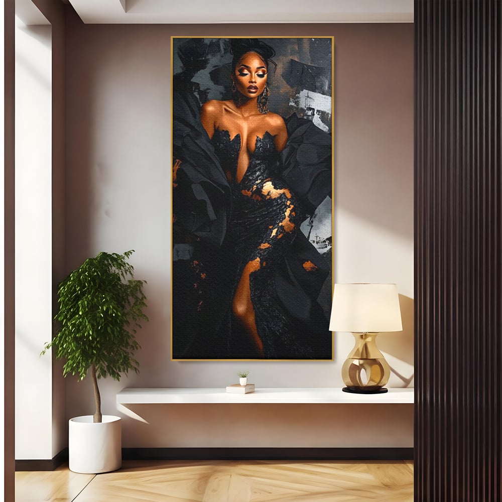 Tablou canvas cu tablou canvas cu portret de femeie, in rama de aluminiu auriu