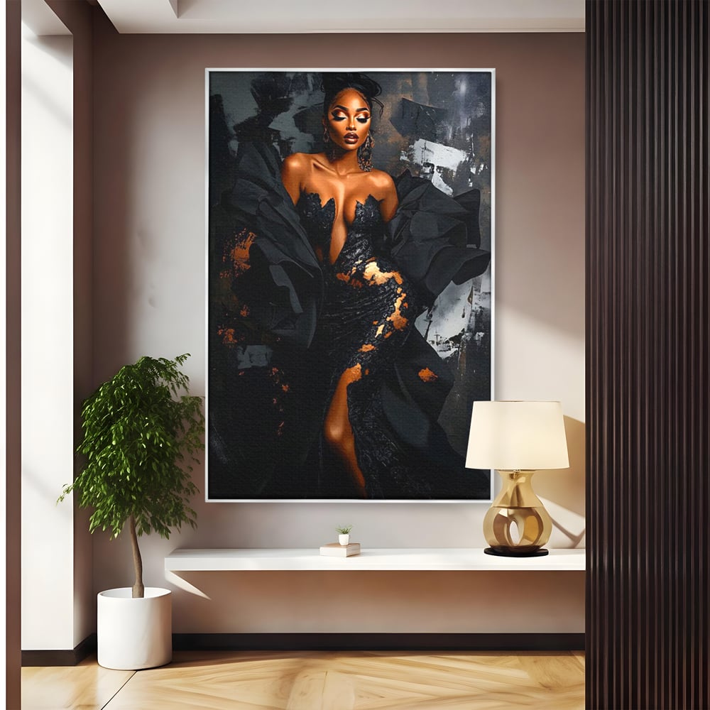 Tablou canvas cu tablou canvas cu portret de femeie, in rama de aluminiu argintiu