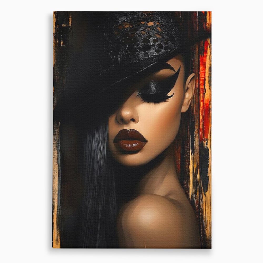 Tablou canvas cu portret feminin stilizat cu palarie neagra, fara rama, pe sasiu de lemn