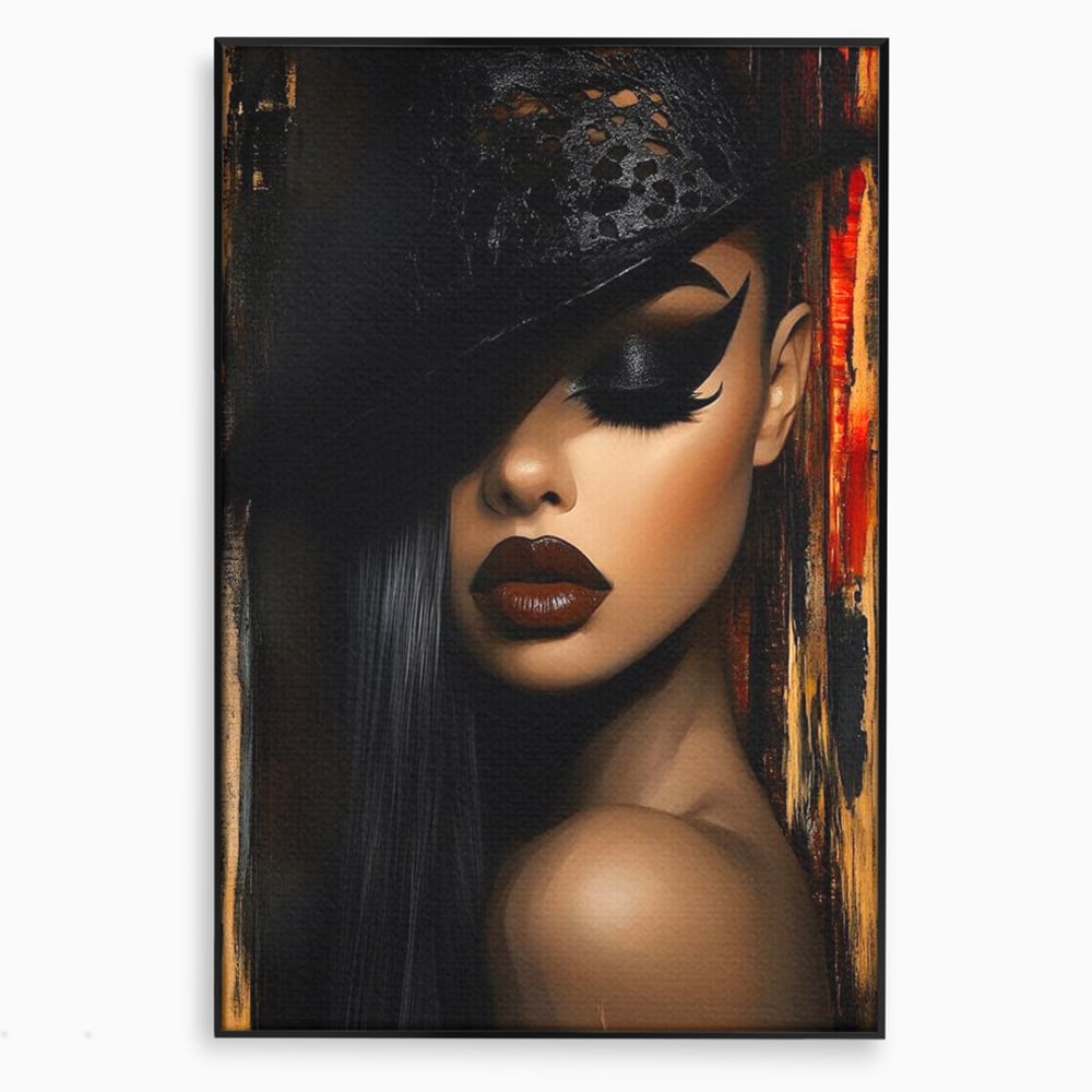 Tablou canvas cu portret feminin stilizat cu palarie neagra, in rama de aluminiu negru