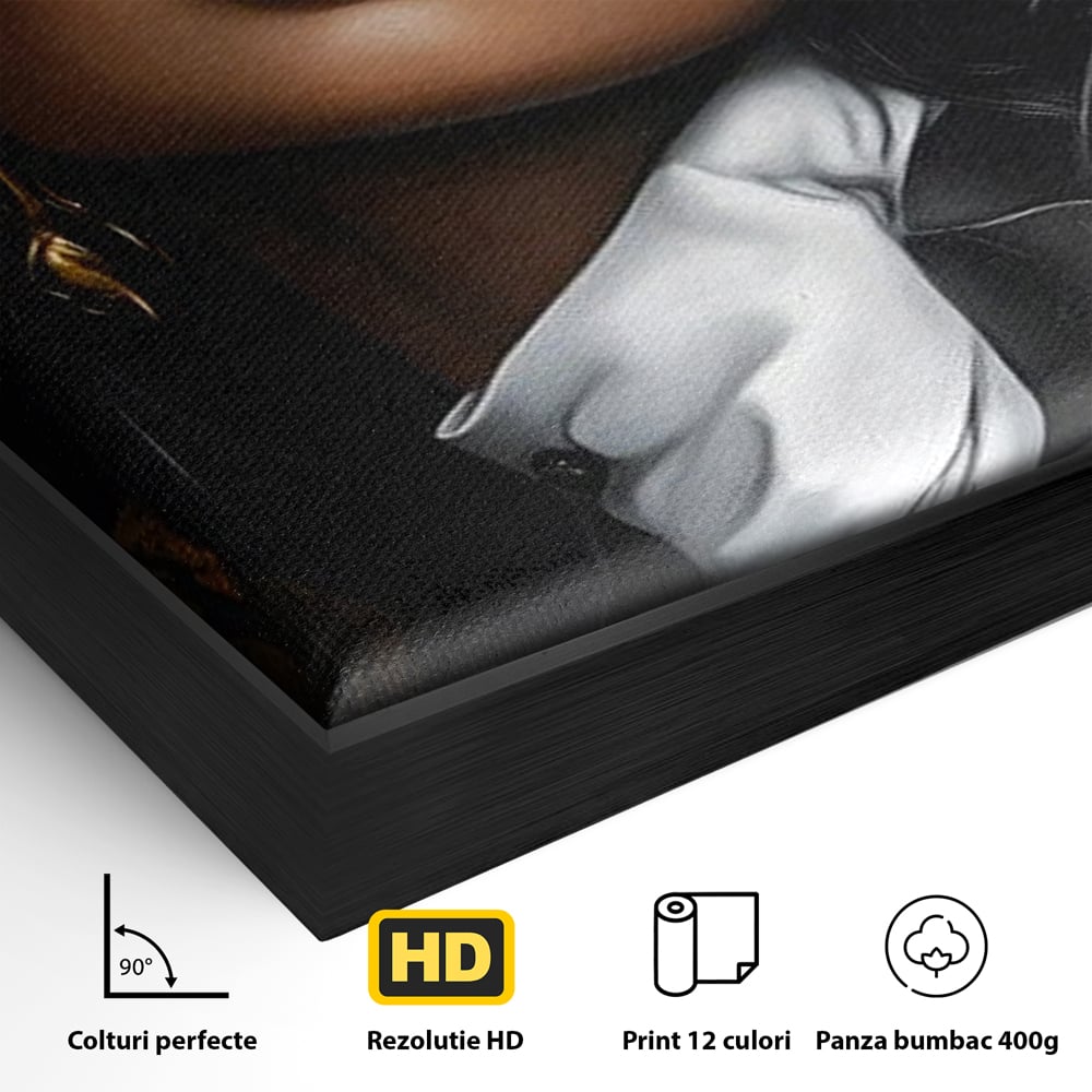 Detaliu al suprafetei: tablou canvas cu femeie in joben si frac, in rama de aluminiu negru