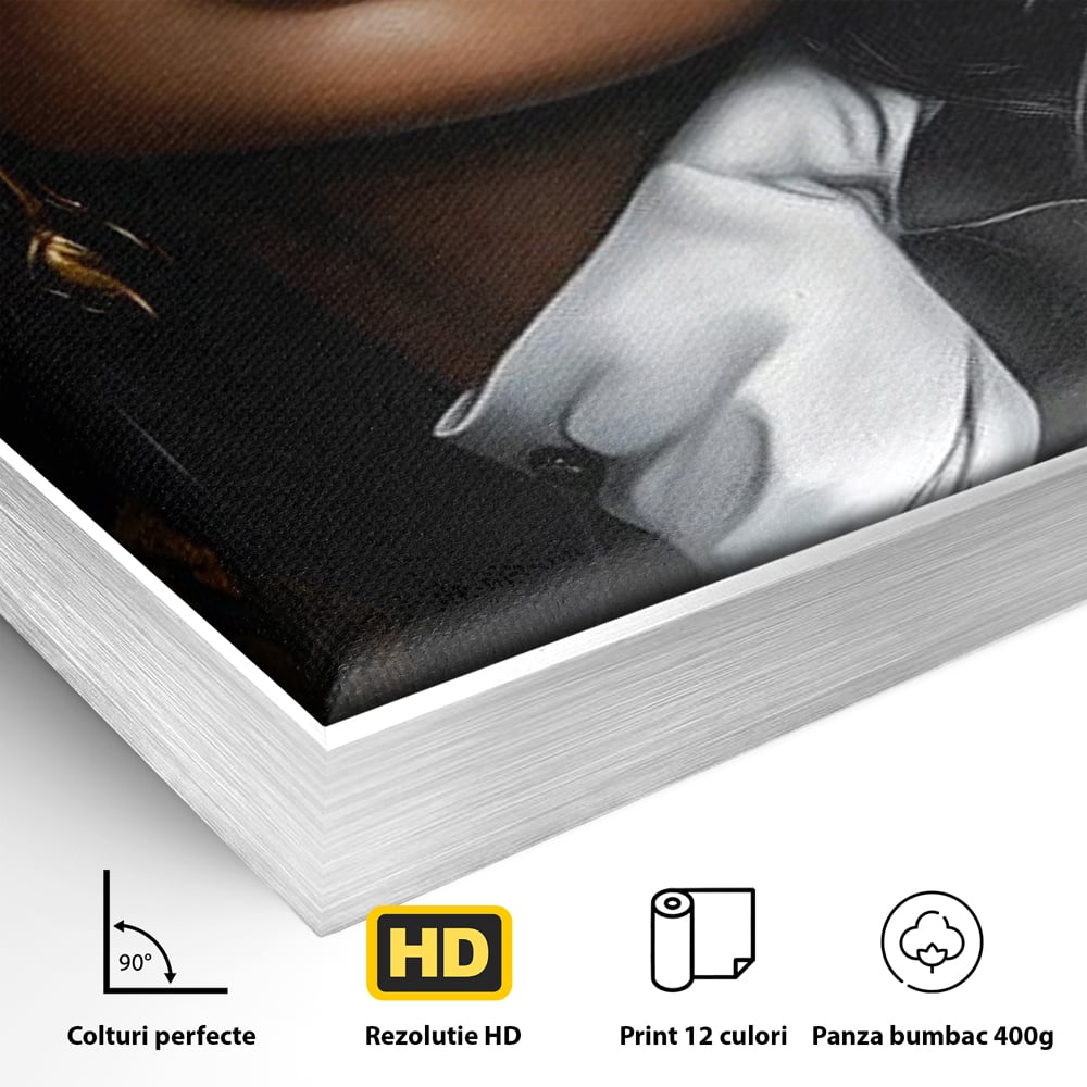 Detaliu al suprafetei: tablou canvas cu femeie in joben si frac, in rama de aluminiu argintiu