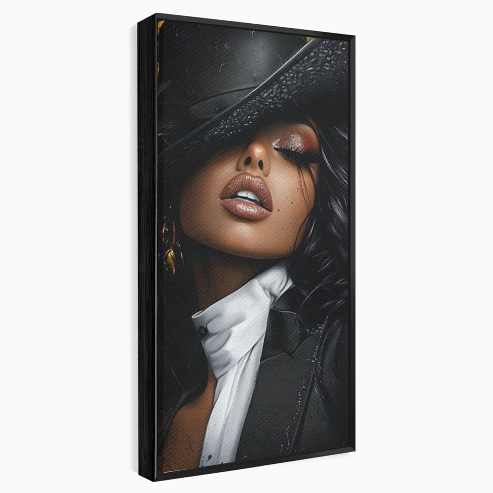 Tablou canvas cu tablou canvas cu femeie in joben si frac, in rama de aluminiu negru