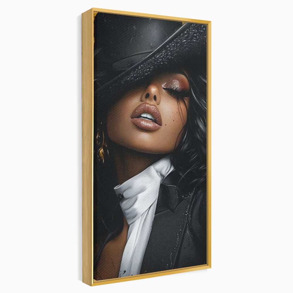 Tablou canvas cu tablou canvas cu femeie in joben si frac, in rama de aluminiu auriu