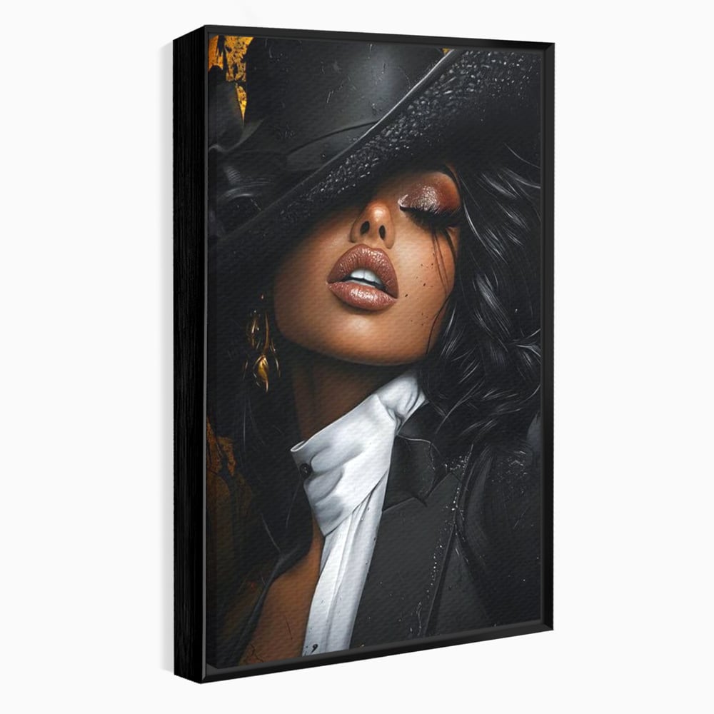 Tablou canvas cu tablou canvas cu femeie in joben si frac, in rama de aluminiu negru