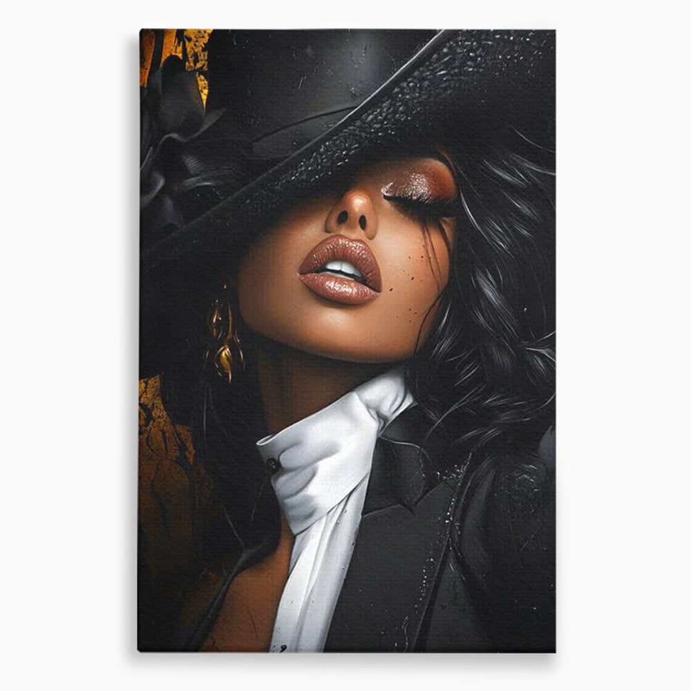 Tablou canvas cu tablou canvas cu femeie in joben si frac, fara rama, pe sasiu de lemn