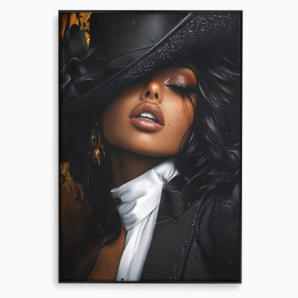 Tablou canvas cu tablou canvas cu femeie in joben si frac, in rama de aluminiu negru