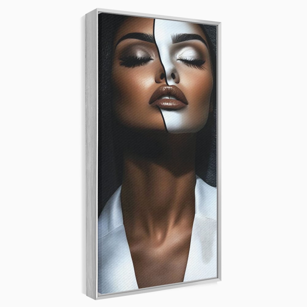 Tablou canvas cu tablou canvas cu portret dual de femeie, in rama de aluminiu argintiu