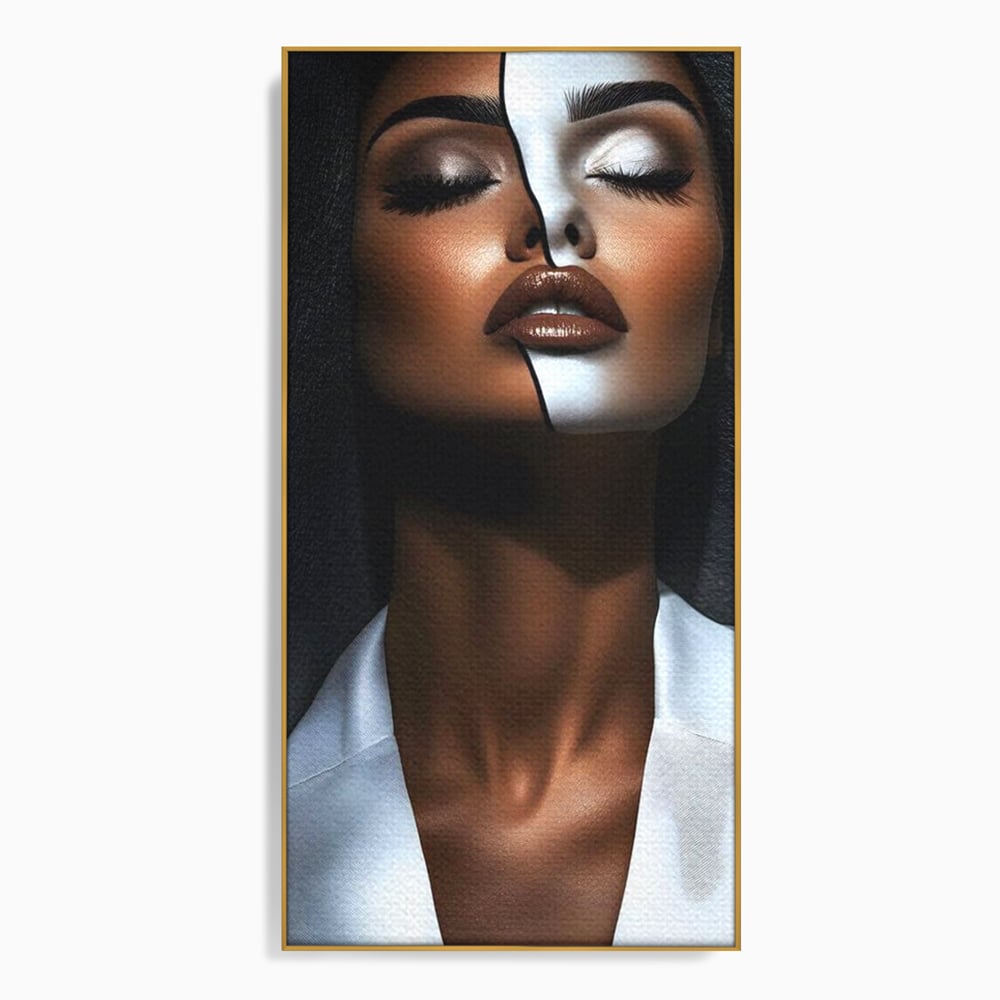 Tablou canvas cu tablou canvas cu portret dual de femeie, in rama de aluminiu auriu