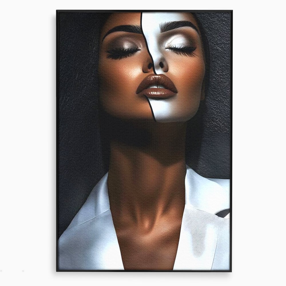 Tablou canvas cu tablou canvas cu portret dual de femeie, in rama de aluminiu negru