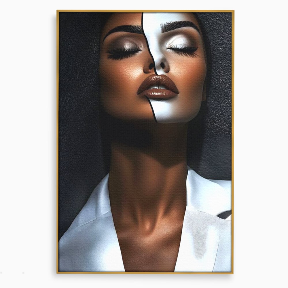 Tablou canvas cu tablou canvas cu portret dual de femeie, in rama de aluminiu auriu
