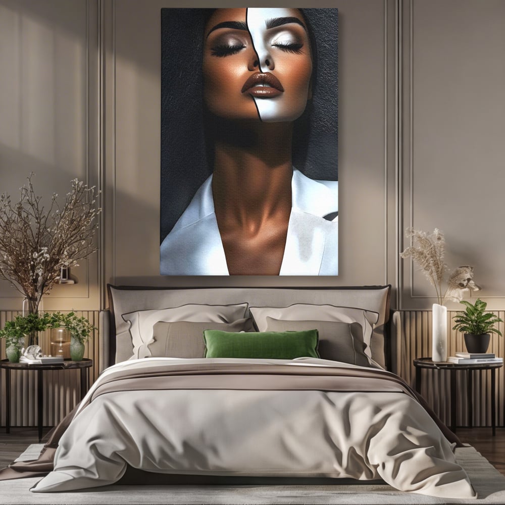 Tablou canvas cu tablou canvas cu portret dual de femeie, fara rama, pe sasiu de lemn, pe perete intr-un dormitor