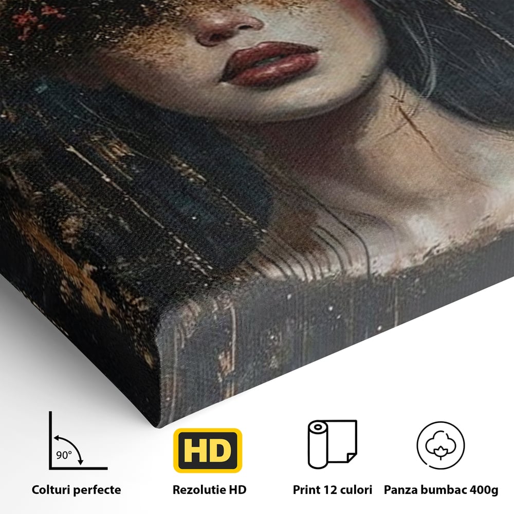 Detaliu al suprafetei: tablou canvas cu portret de femeie si trandafiri rosii, fara rama, pe sasiu de lemn