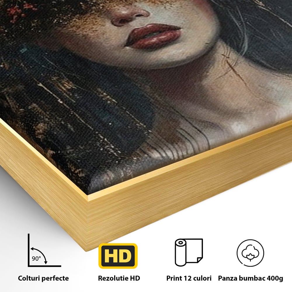 Detaliu al suprafetei: tablou canvas cu portret de femeie si trandafiri rosii, in rama de aluminiu auriu