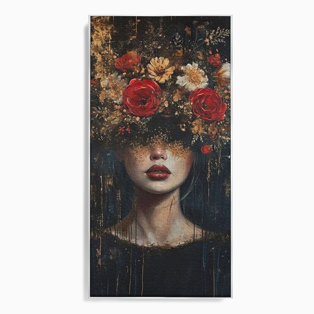 Tablou canvas cu tablou canvas cu portret de femeie si trandafiri rosii, in rama de aluminiu argintiu